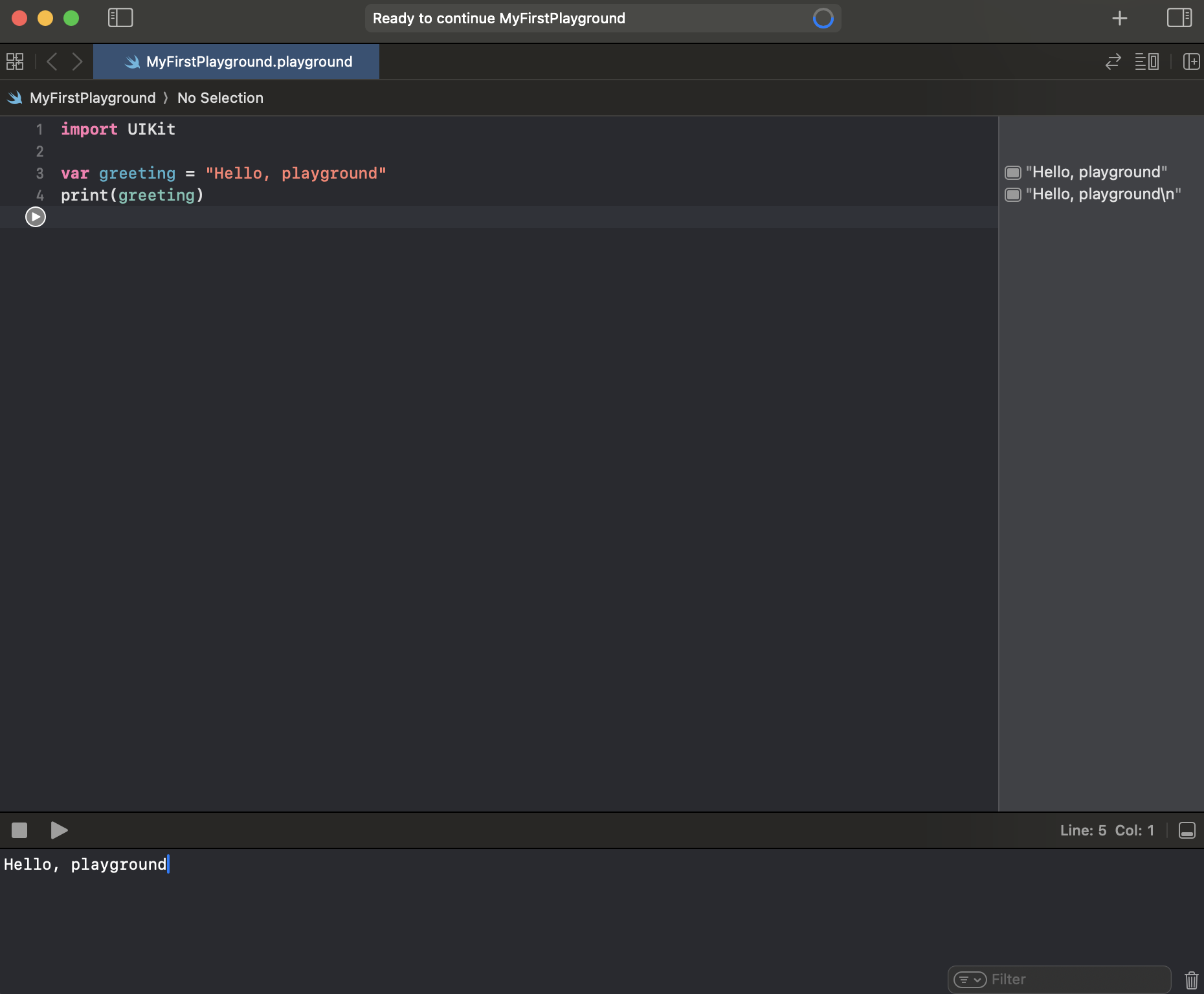 スクリーンショット:Playgroundでprint()の実行結果